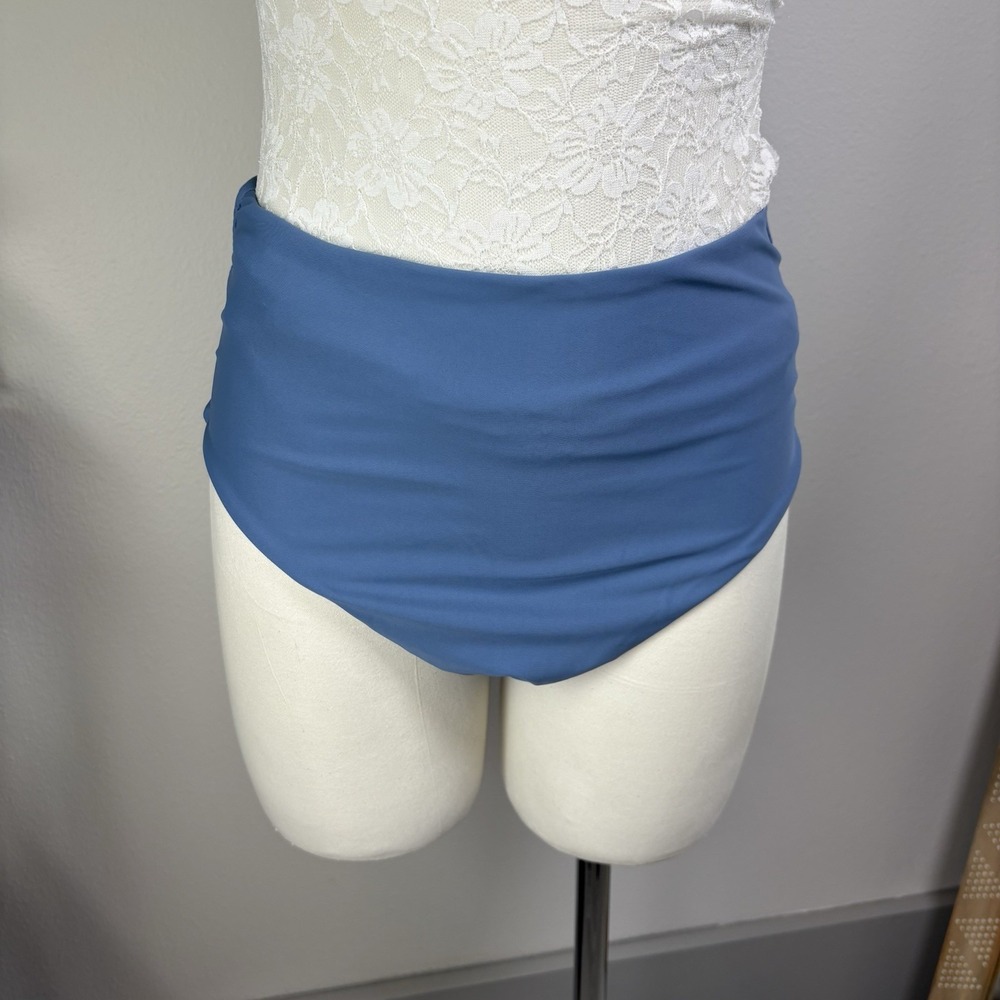 NWOT Blooming Jelly Women L Blue Bikini Bottom High Waisted Ruched Nylon Spandex